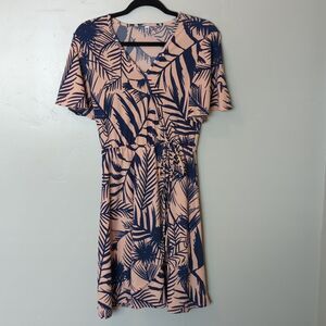 Piphany‎ Pink & Blue Tropical Botanical Midi Dress S